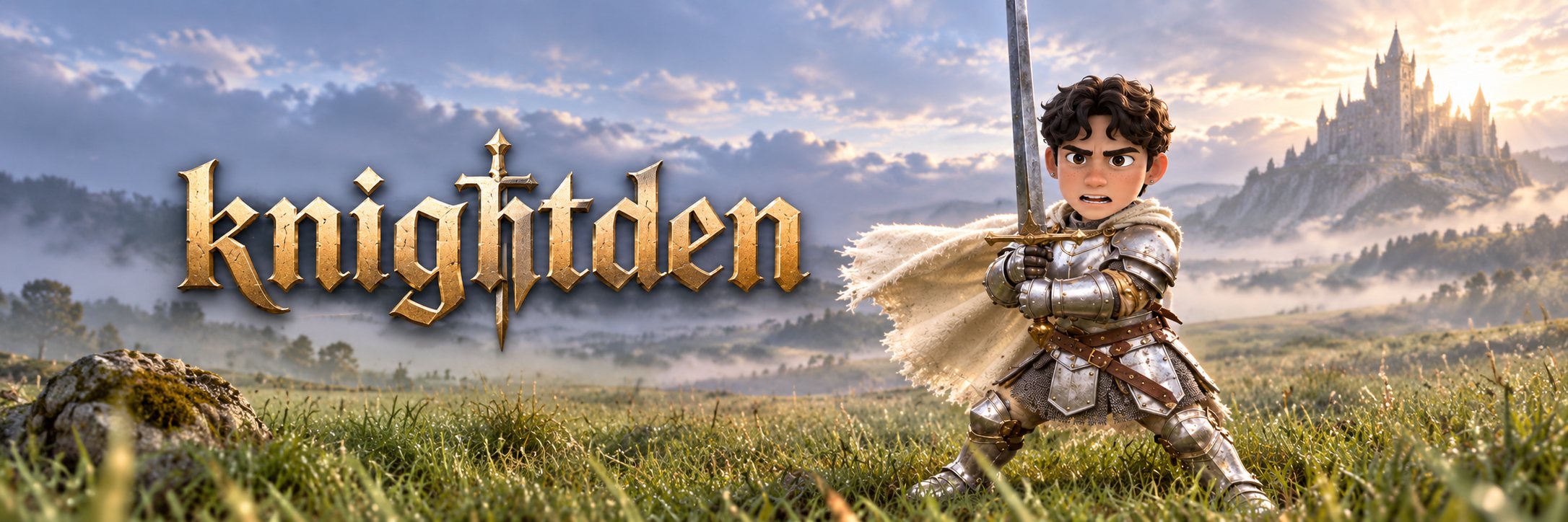 knightden banner: Knight Aiden with his sword in a misty valley